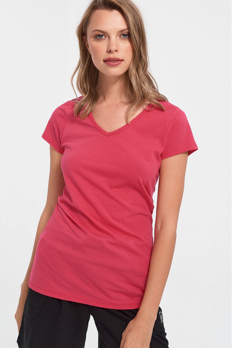 Γυναικείο T-Shirt με V σε Φουξ Απόχρωση