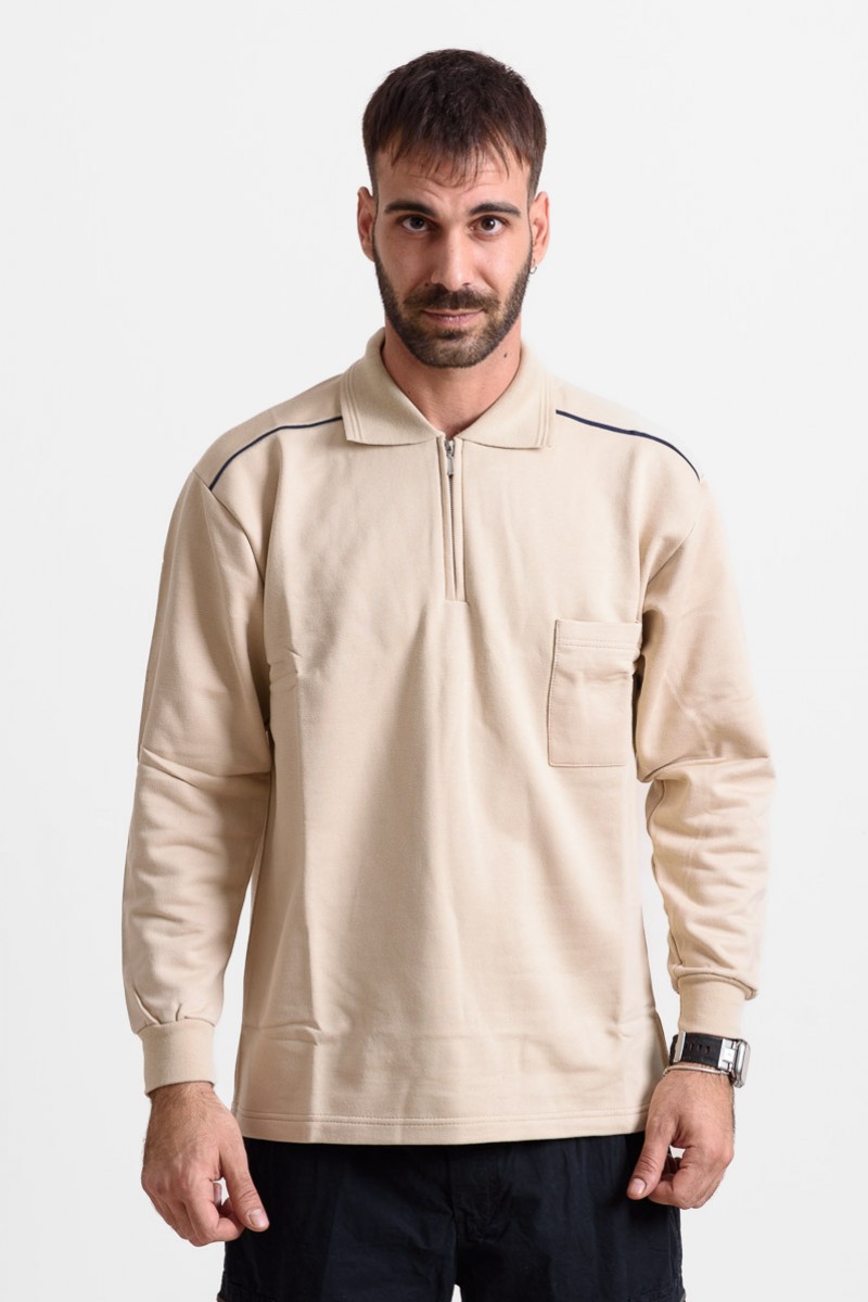 Μπλούζα Φούτερ με γιακά και τσέπη COTTON4ALL Μπεζ