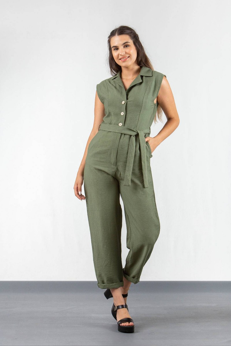 Ολόσωμη λινή φόρμα γιακάς SIMPLE FASHION 23-640 Ολόσωμη λινή φόρμα γιακάς SIMPLE FASHION 23-640
