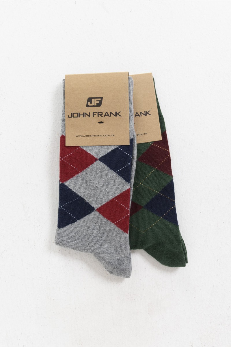Ανδρικές κάλτσες JOHN FRANK Καρό 2 Pack Γκρι Πράσινο